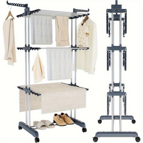 Large 4-Tier Foldable Stainless Steel Drying Rack with Wheels, Black