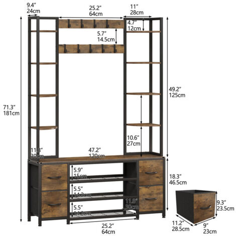Large 5-in-1 Entryway Hall Tree with Bench & Coat Rack, 9 Movable Hooks, 4 Storage Drawers, 8 Corner Open Shelves, 3-Tier Shoe Rack, Industrial Style for Home, Living Room & Hallway