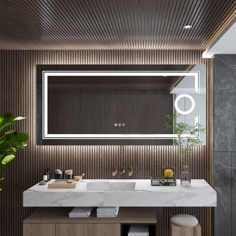 Large Backlit LED Illuminated Modern Bathroom Mirror with Demister Round 3x Magnifier, 1200 x 600mm