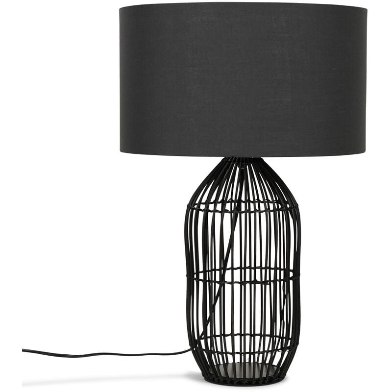 Large Black Rattan Table Lamp With Fabric Lampshade - Grey - No Bulb