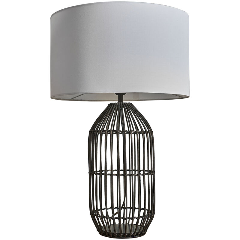 Large Black Rattan Table Lamp With Fabric Lampshade - White - Including LED Bulb
