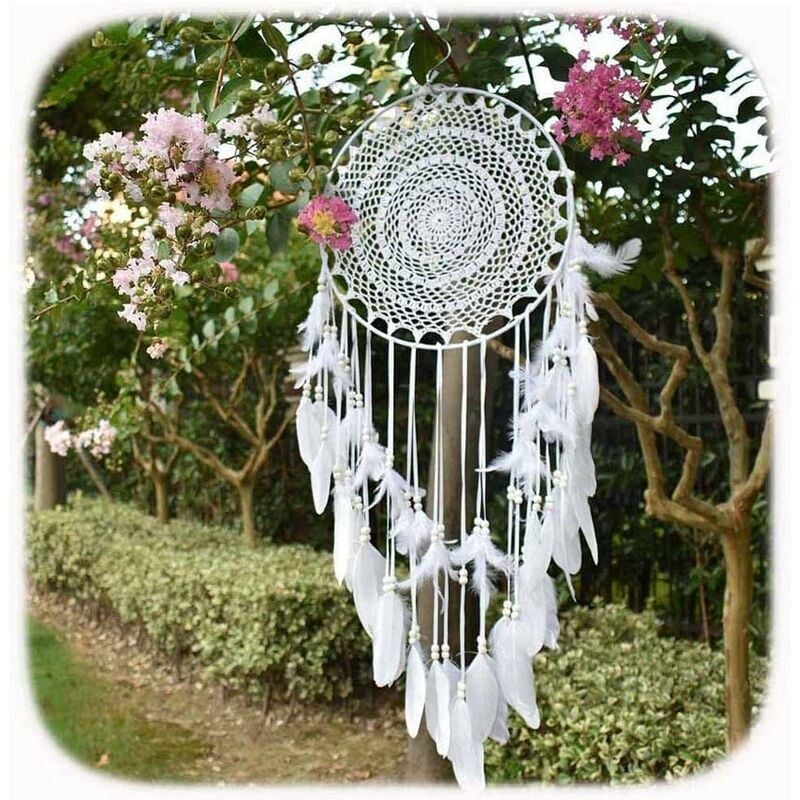 Large Bohemian Style Dreamcatcher with White Feathers, Macrame Wall Hanging for Vintage Themed Weddings or Home Decoration, 35cm Diameter Circle,