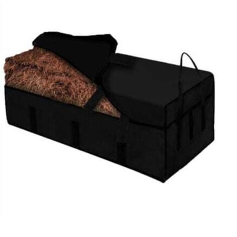 Large capacity hay storage bag 39.5L x 16.5W x 20H inch with portable zippered handle. Waterproof feed bag for goats and horses.