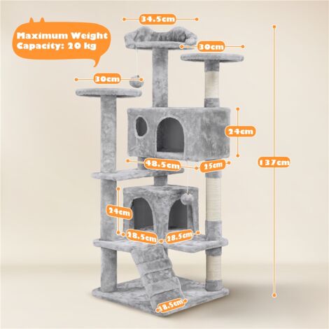 Yaheetech Large Cat Tree Tower Cat Activity Centre for Kittens/Adult Cats, 138cm Cat Tree Tower Cat Scratcher Activity Centres Scratching Post, Light Gray
