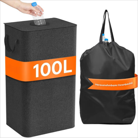 Large Collapsible Laundry Hamper with Lid & Bag, 100L Black