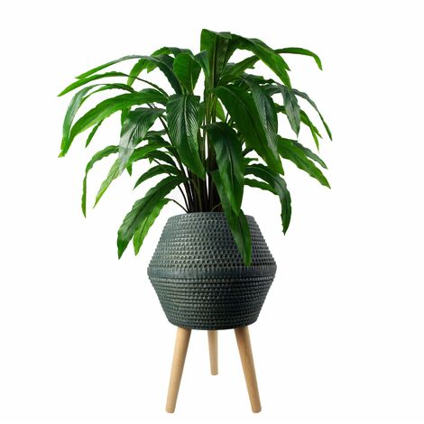 Large 35cm Indoor Plant Pot Stand Black Wood & Wicker 21cm Pot Holder  Planter