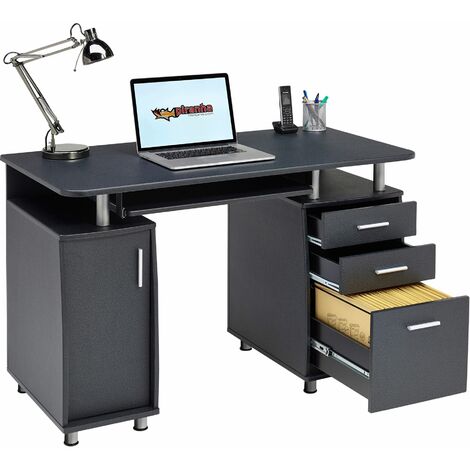 main image of "Large Computer Writing Desk with A4 Filing Stationery Drawers and Cupboard for the Home Office in Graphite Black - Piranha Furniture Emperor - Graphite Black"