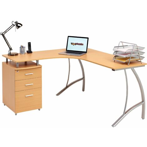 main image of "Large Corner Computer Desk with 3 Drawers and A4 Filing Matching Range Home Office Beech - Piranha Furniture Regal - Beech"