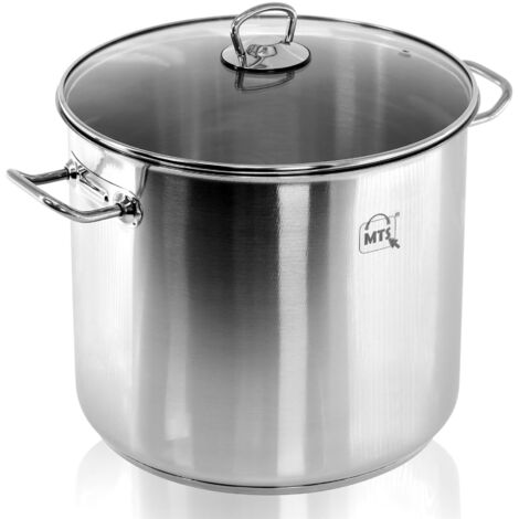 HI Large Deep Stainless Steel Cooking Stock Pot Casserole Glass Lid Induction Base (20 Litre)