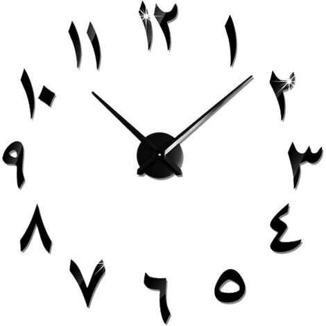 Large DIY Wall Clock Silent Modern 3D Sticker Home Office Decoration Gift (Black)
