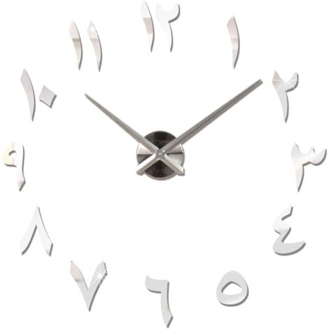 Large DIY Wall Clock Silent Modern 3D Sticker Home Office Decoration Gift Silver (Silver)