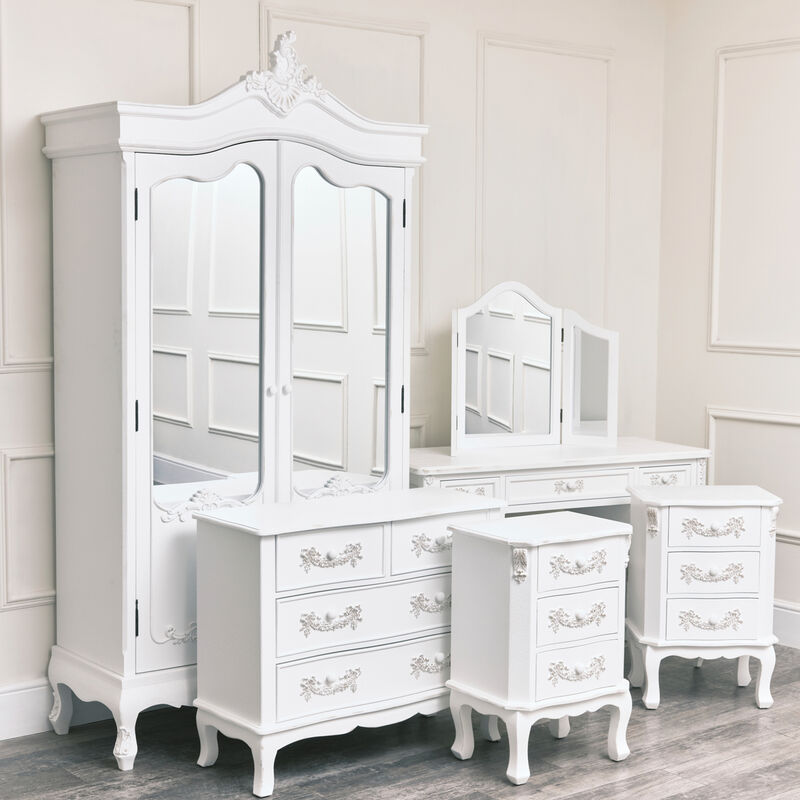Large Double Wardrobe, Dressing Table Set, Chest of Drawers & Pair of 3 Drawer Bedside Tables - Pays Blanc Range - White