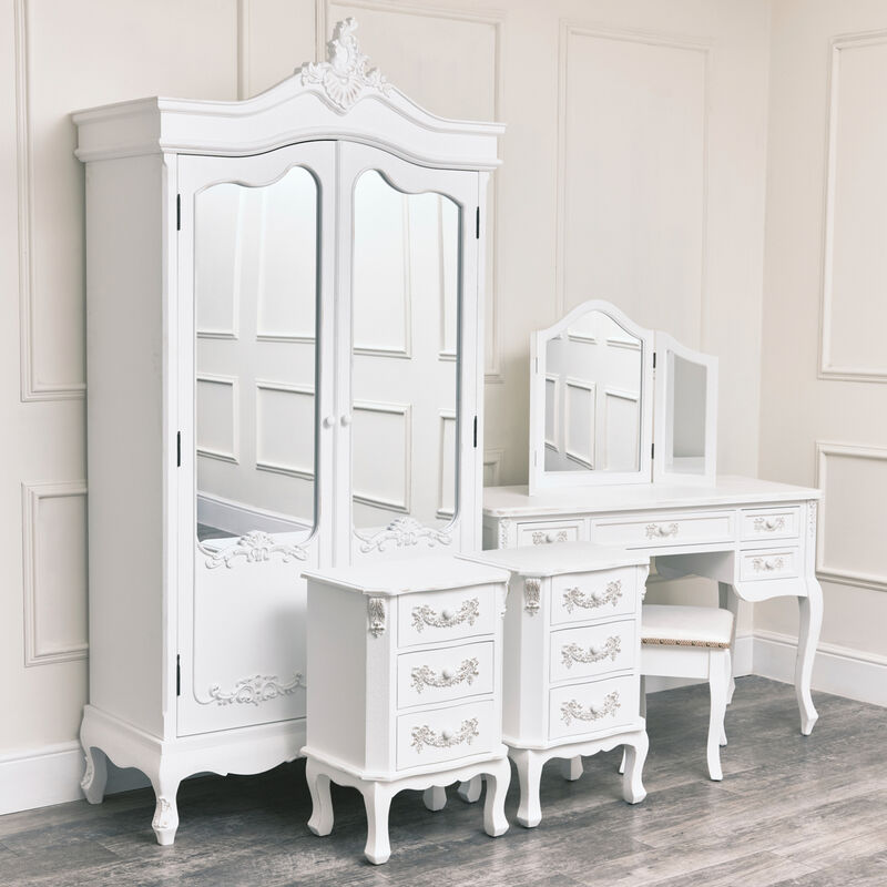 Large Double Wardrobe, Dressing Table Set & Pair of 3 Drawer Bedside Tables - Pays Blanc Range - White