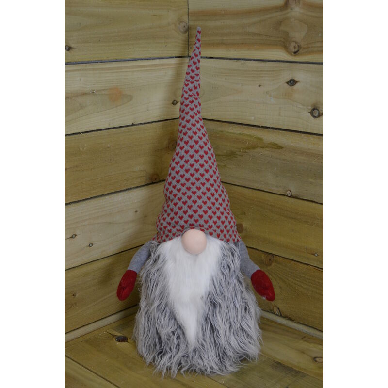 Large 52cm Cuddly Gonk Indoor Christmas Decoration - Grey Hat Red Hearts - Festive
