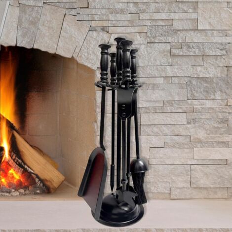 Large Fireside Companion Set 5 Piece Black Vintage Fireplace Accessories, Poker, Brush, Shovel, Tongs, Stand