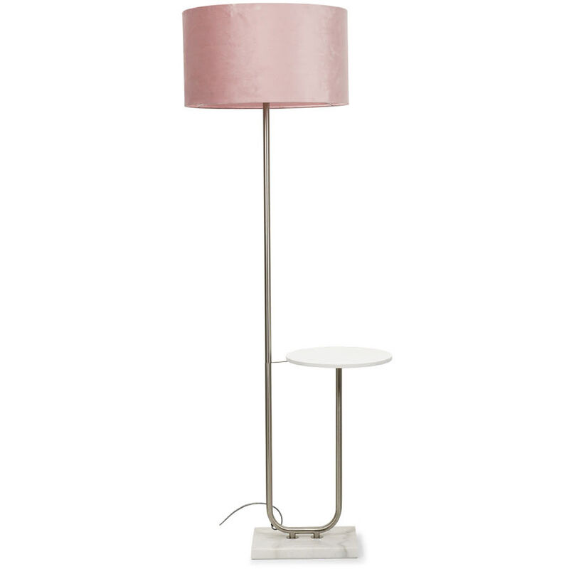 Large Floor Lamp Curved Stem Marble Coffee Table Living Room Light Velvet Shade - Blush + LED Bulb