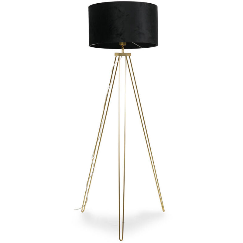 Gold Tripod Standard Floor Lamp Hairpin Light Living Room Velvet Shade - Black - No Bulb