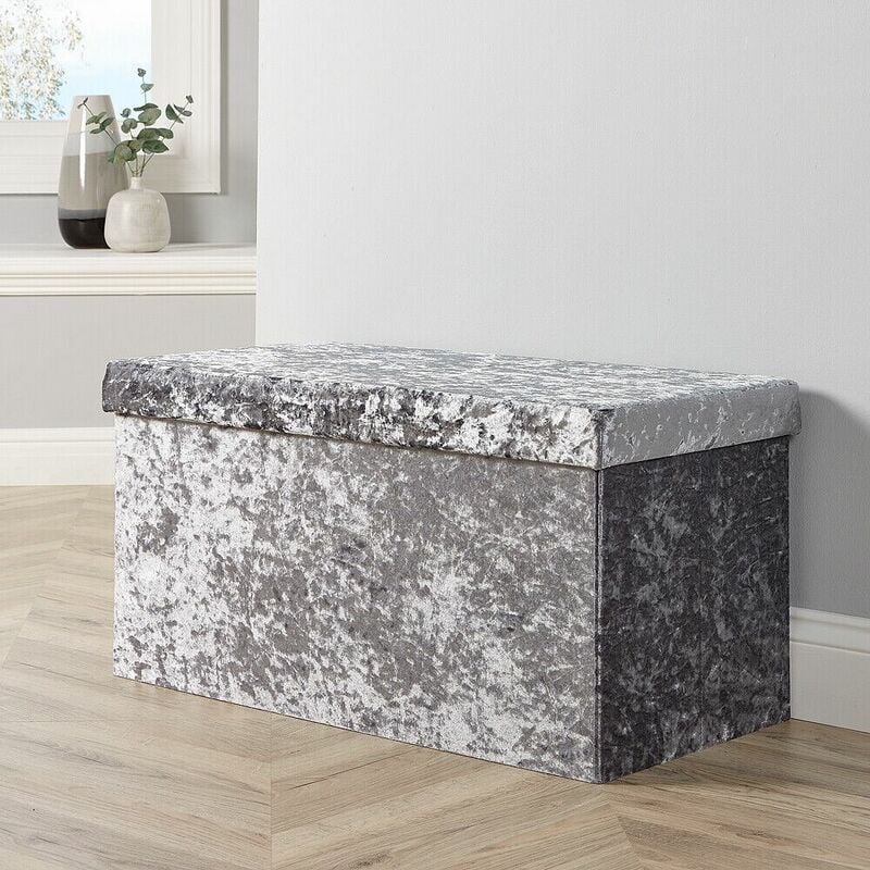 Homesource - Large Folding Ottoman Grey Ice Velvet Fabric Chest Solid Storage Space Saving