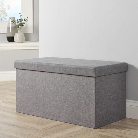 Large Folding Ottoman Grey Linen Fabric Chest Sturdy Storage Space Saving Box