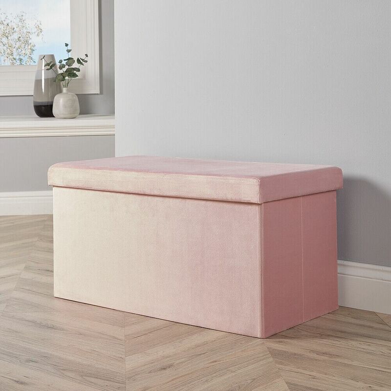 Homesource - Large Folding Ottoman Pink Blush Velvet Fabric Chest Solid Storage Space Saving