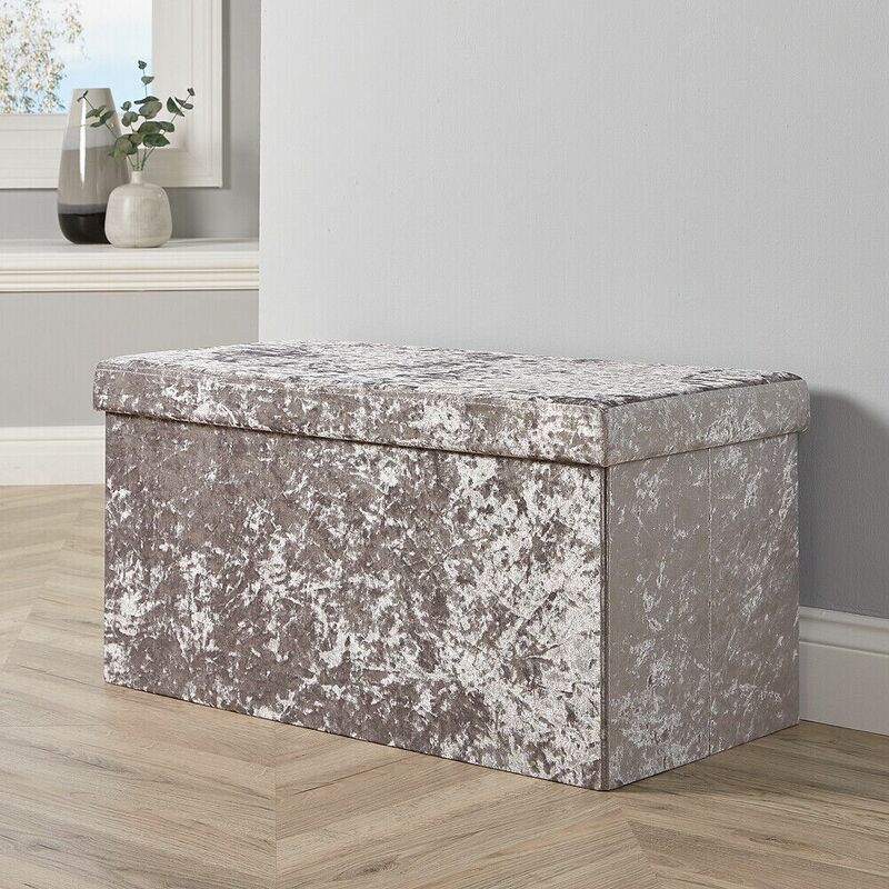 Homesource - Large Folding Ottoman Silver Ice Velvet Fabric Chest Solid Storage Space Saving