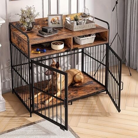 Large Furniture Dog Crate, Dog Kennel Indoor, Wood Dog Cage Table with Drawers Storage, Heavy Duty Dog Crate, Jaula para Perros, Sturdy Metal - Gray