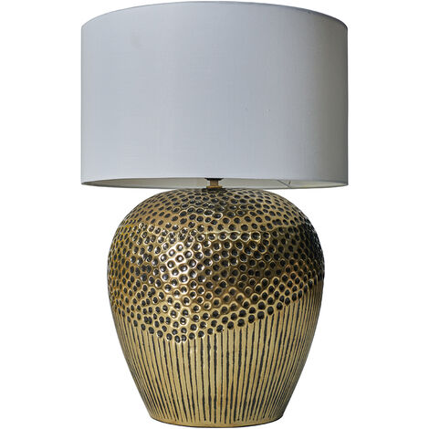 Large Gold Patterned Table Lamp with Drum Lampshade - Black - No Bulb