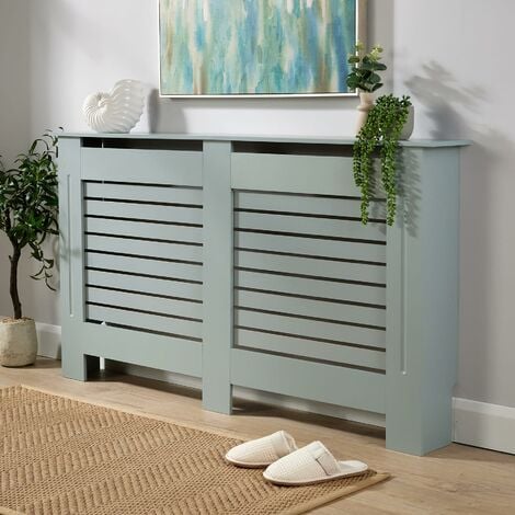 main image of "Large Grey Radiator Cover Wooden MDF Wall Cabinet Shelf Slatted Grill York"