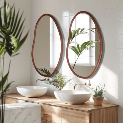 Large Irregular Mirror Wood Frame Modern Boho Wall Mirror Asymmetrical - 56x82cm