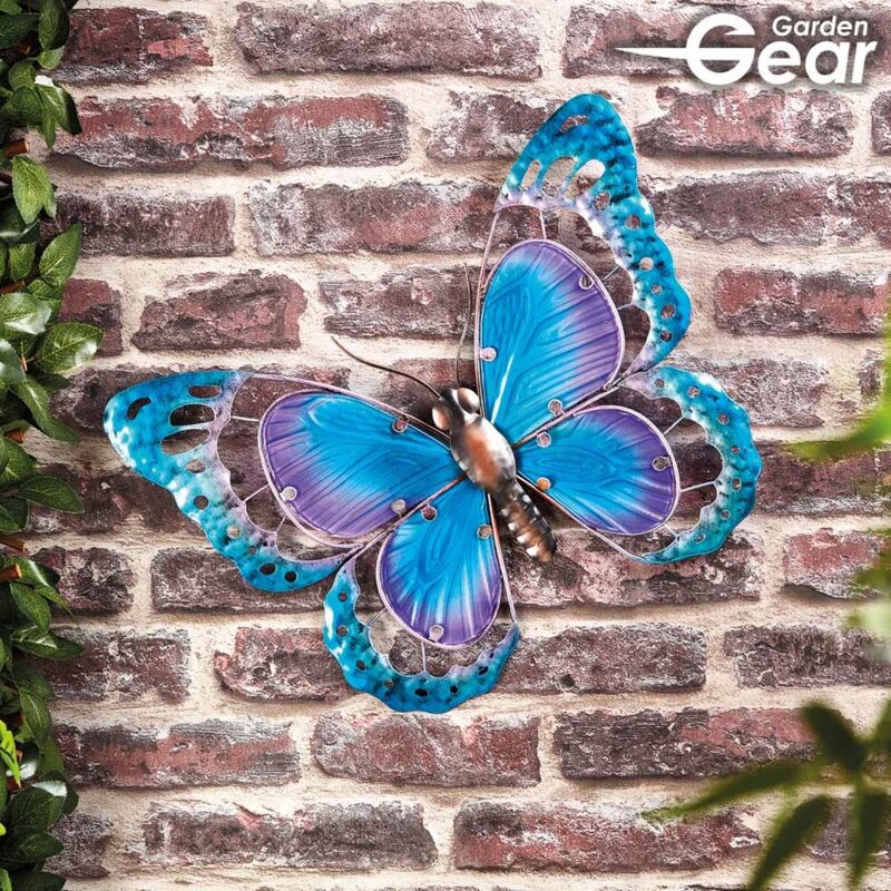 Thompson&morgan - Large Metal Butterfly Garden Wall Art with Colourful Glass Decoration, Dimensions L44 x W2.5 x H34cm (Blue & Purple)
