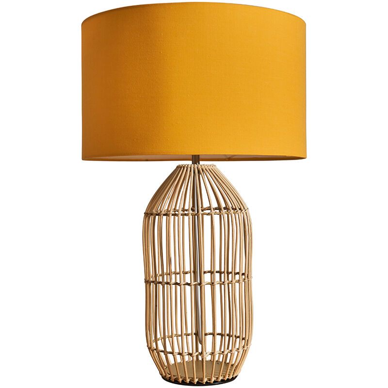 Large Natural Rattan Table Lamp With Fabric Lampshade - Mustard - Including LED Bulb
