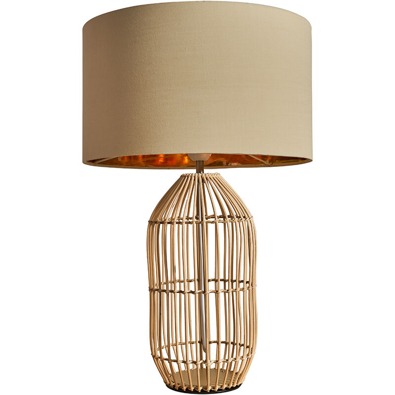 Large Natural Rattan Table Lamp With Fabric Lampshade - Beige & Gold - Including LED Bulb