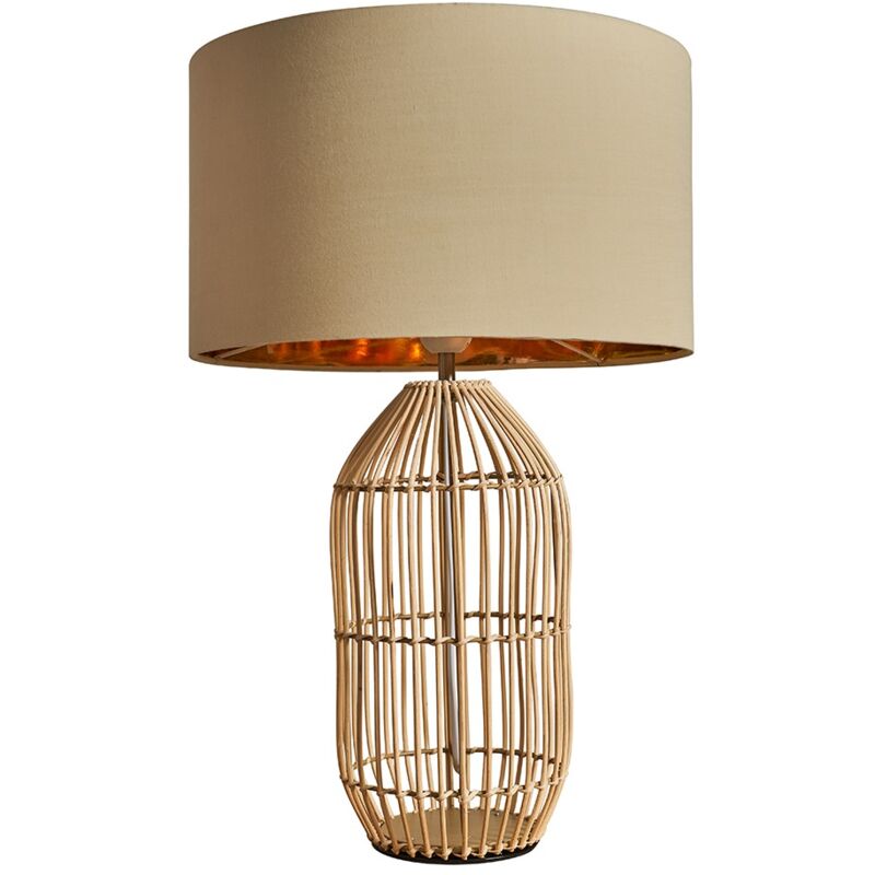 Large Natural Rattan Table Lamp With Fabric Lampshade - Beige & Gold - Including LED Bulb