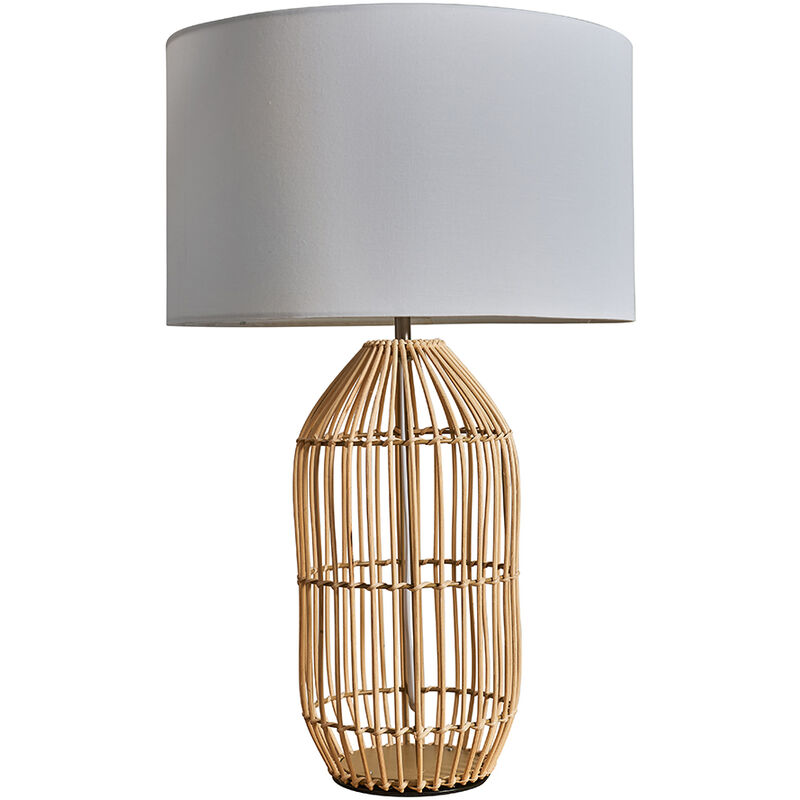 Large Natural Rattan Table Lamp With Fabric Lampshade - White - Including LED Bulb