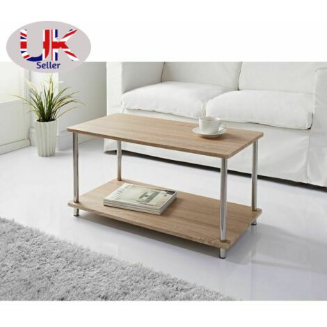 Large Oak Coffee Table With Steel Legs & Shelf Underneath