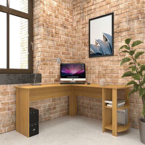 main image of "Large Oak Corner Computer Desk with Shelves for Home Office - Piranha Furniture Pacu - Oak"