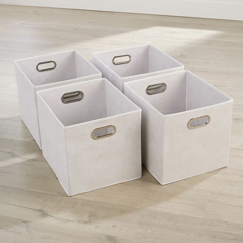 Homesource - Large Off White Foldable Canvas Storage Folding Box Fabric Cube 4 Piece Set