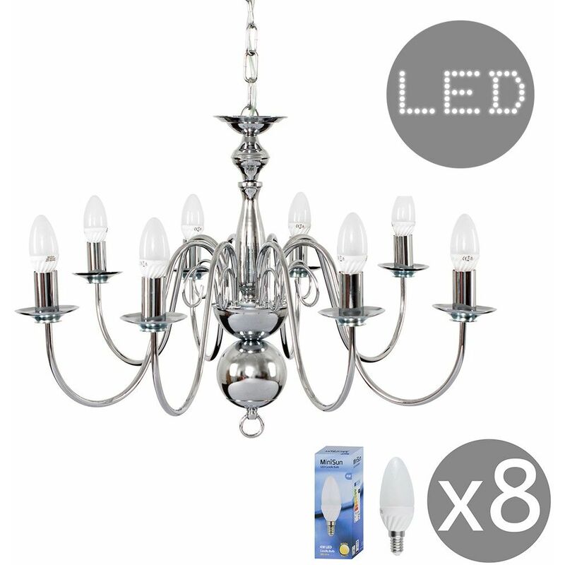 8 Way Chandelier In Chrome + 4W LED Candle Bulbs - Warm White
