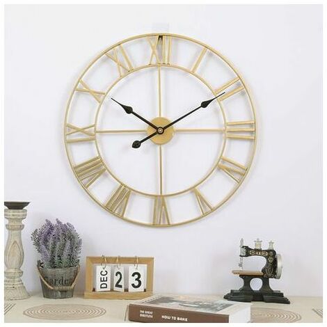 Large Round Metal Wall Clock Vintage Silent Non Ticking Battery Operated 40cm Living Room Clocks Bedroom Gold Kitchen Decor