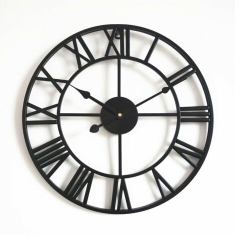 Large Round Metal Wall Clock Vintage Style Silent Non-Ticking Battery Operated 40cm Black Roman Numeral Clocks for Living Room Bedroom Kitchen Decoration