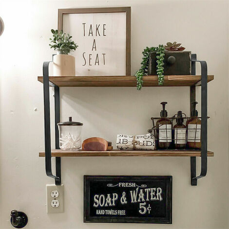 main image of "Large Rustic Industrial Pipe Wall Floating Shelf Wooden Storage Shelving Unit"