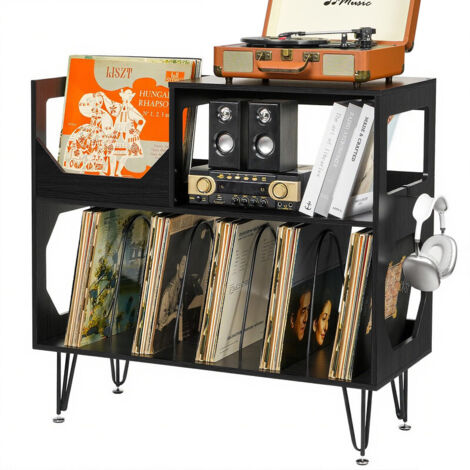 Large Rustic Record Player Stand, 2-Tier Turntable Table with Vinyl Record Storage, Vinyl Storage Cabinet with Metal Legs, Holds 370 Albums for Living Room & Bedroom