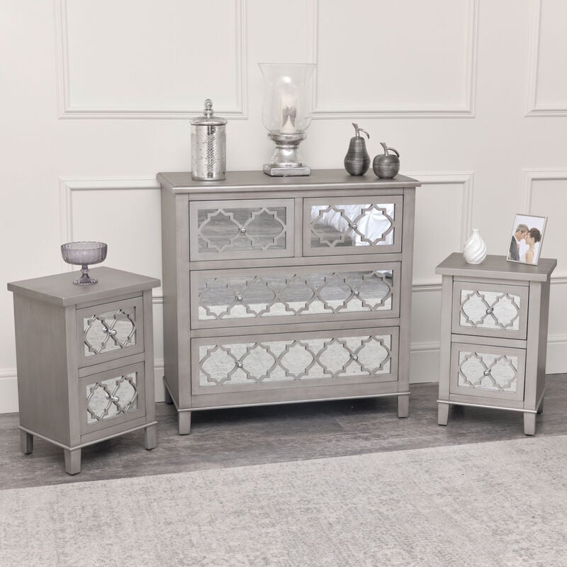 Large Silver Mirrored Chest of Drawers & Pair of Bedside Tables - Sabrina Silver Range - Silver, Mirrored