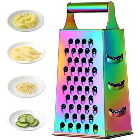 Large Stainless Steel 4 Sides Grater Slicer with Handle, Multifunctional Cutter Planing for Ginger, Garlic, Cucumbers, Carrots, Cheese, Potato, Ergonomic Design Kitchen Gadgets Accessories Rainbow