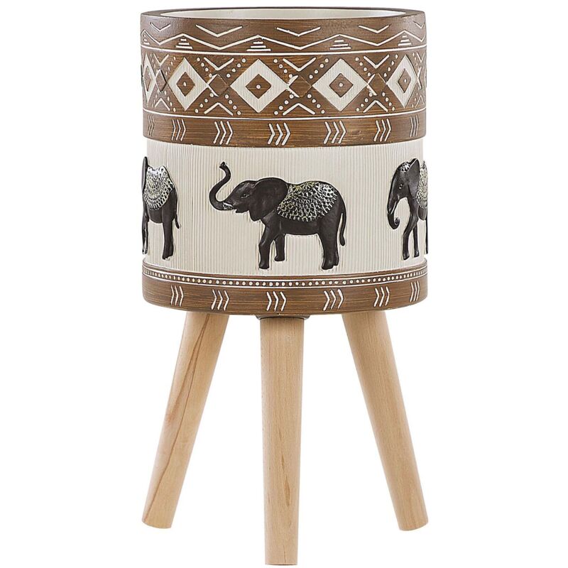 Beliani - Large Tall Planter Magnesium Wooden Stand Beige Brown African Motif Achilio