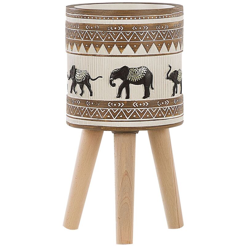 Beliani - Large Tall Planter Magnesium Wooden Stand Beige Brown African Motif Kottes