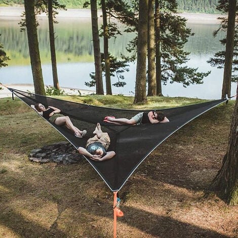 LANGRAY Large Triangle Aerial Hammock for Camping Tree Multi-Person Portable Hammock Design for 3 People for Travel Backyard Outdoor Garden Camping