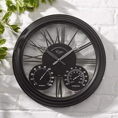 main image of "Large Wall Clock Retro Home or Garden Indoor/Outdoor Wall Clock with Thermometer Barometer Weatherproof Weather Station Thermometer Hygrometer"