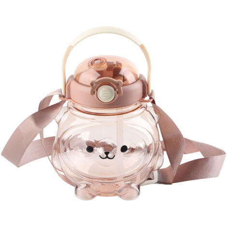 Large Water Bottle 1000ml Cartoon Bear Shape Portable Drinking Bottle with Straw Strap for Summer Coffee