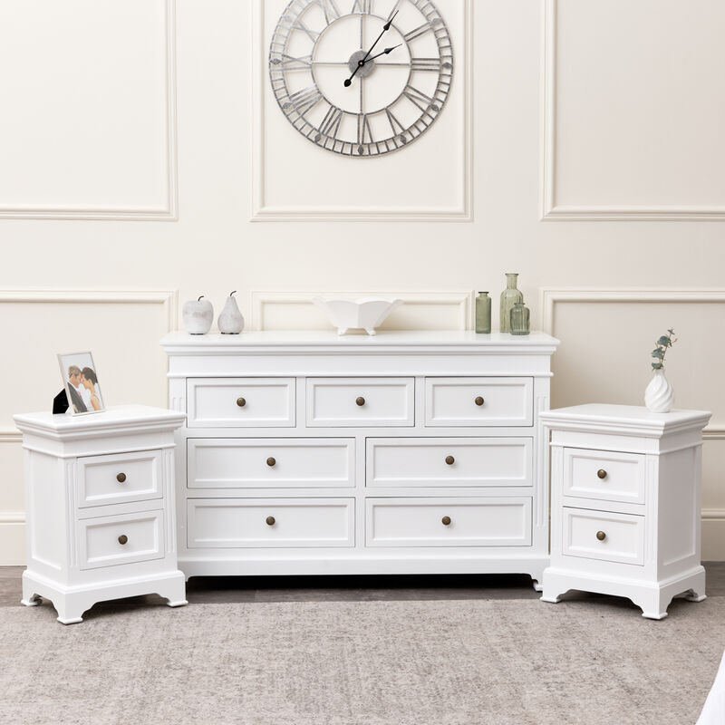 Large White 7 Drawer Chest of Drawers & Pair of Bedside Tables - Daventry White Range - White